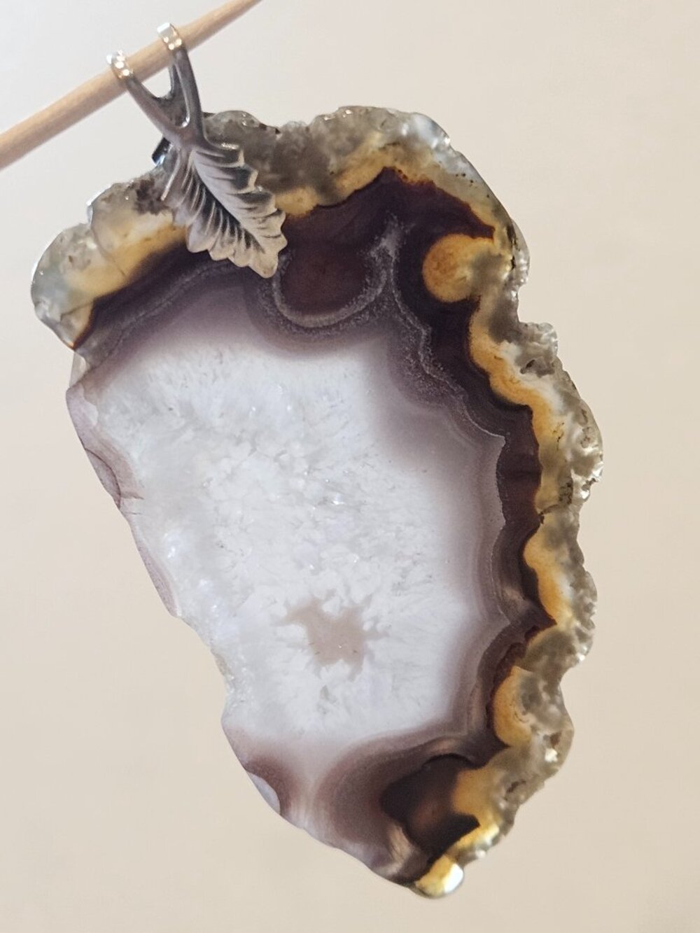 Polished Agate Geode Pendant with .925 Silver Leaf Bale - White, Purple
